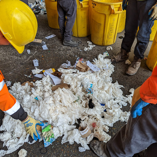 Workers sorting out different types of waste from each other.